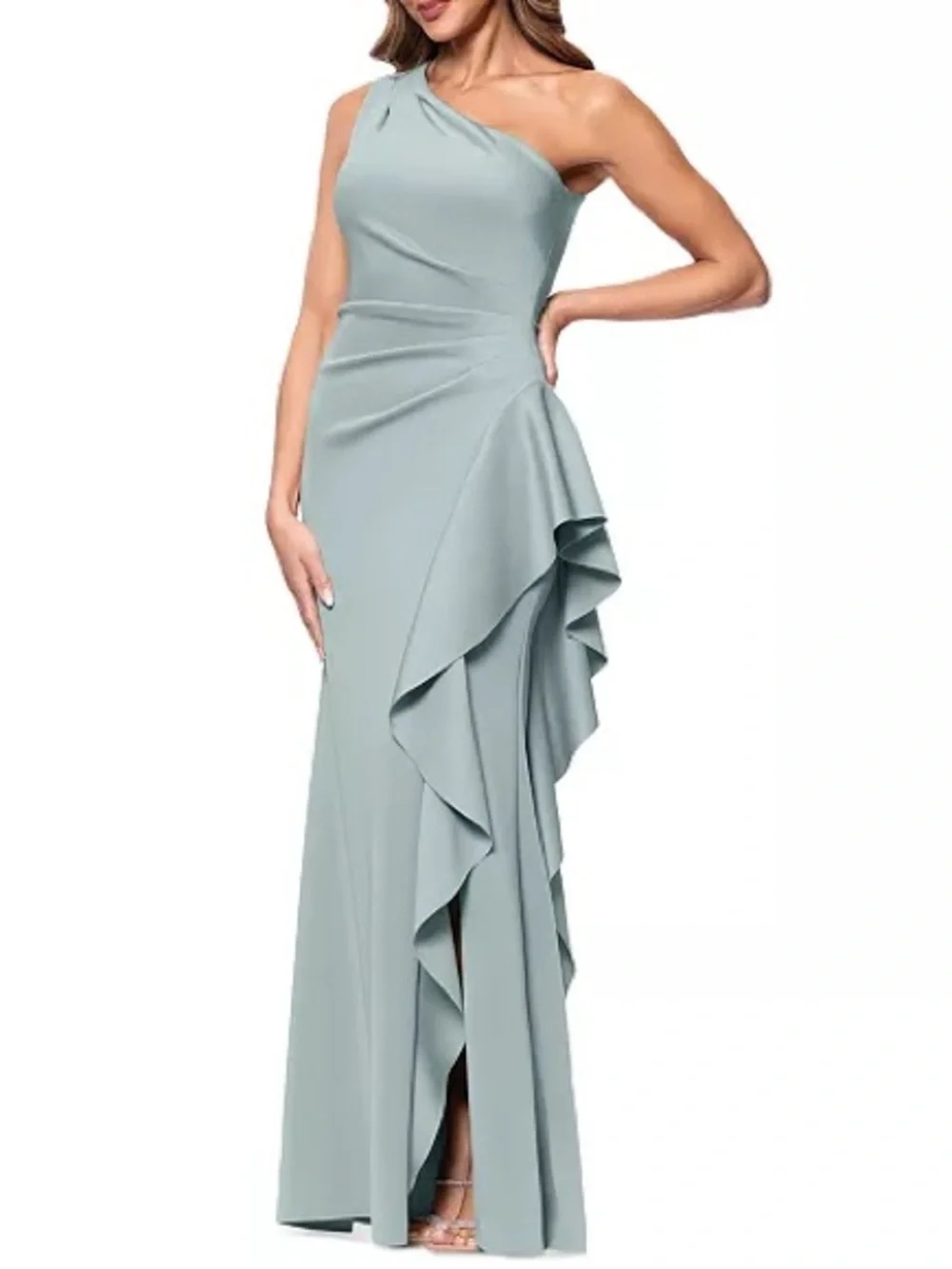 New Xscape Ruffled One Shoulder Scuba Gown Maxi Dress Sage Sz 14